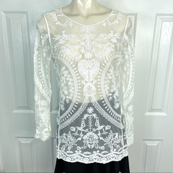 PHASE ONE white lace top sheer mesh see through top white long sleeves shirt S - Picture 4 of 10